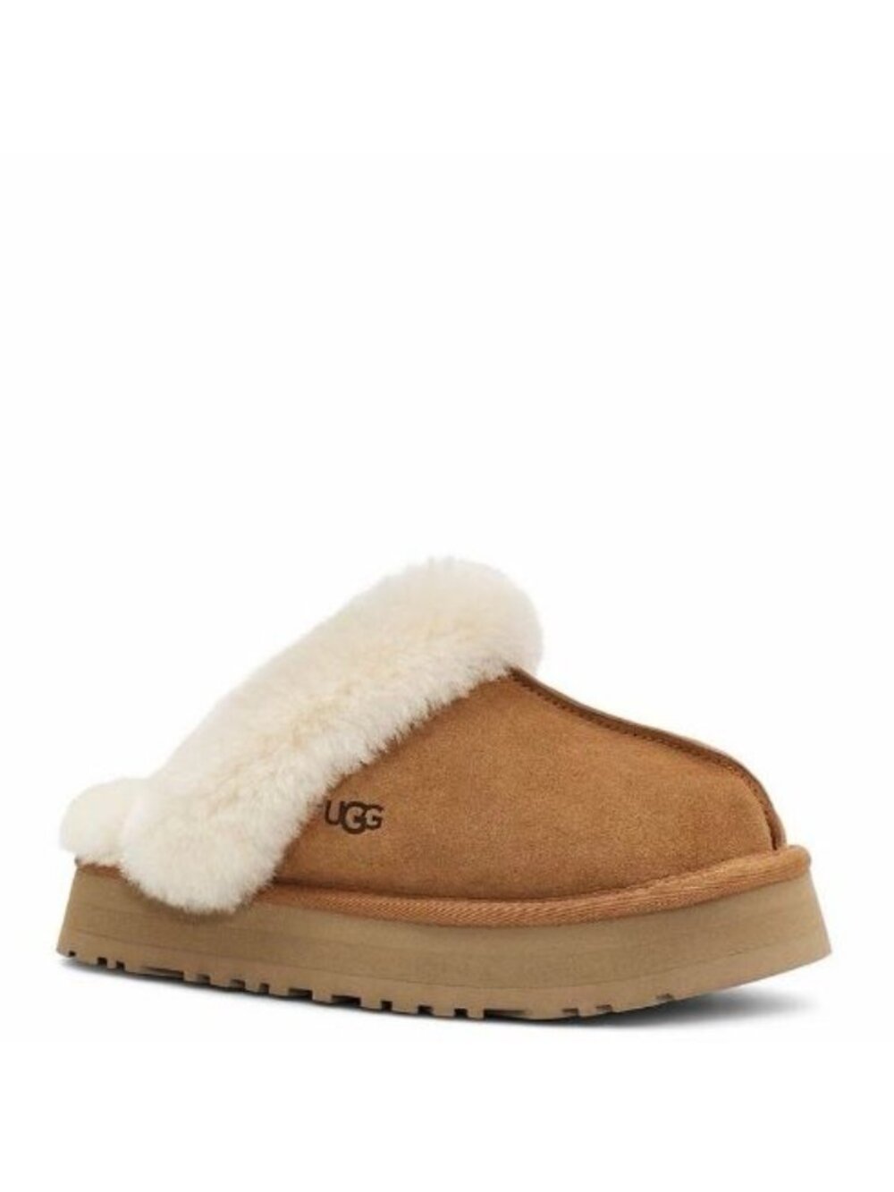 UGG Disquette Platform Slippers Chestnut Sheepskin Suede Fur Lined Womens Size 8